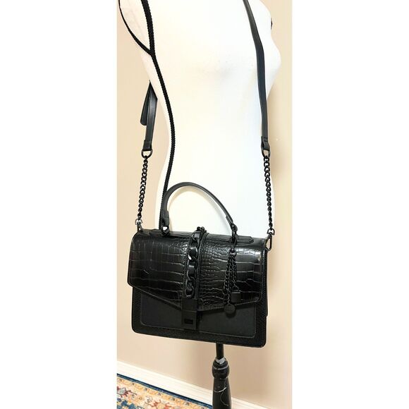 Aldo black croc embossed faux leather top handle satchel with crossbody strap - Picture 1 of 11
